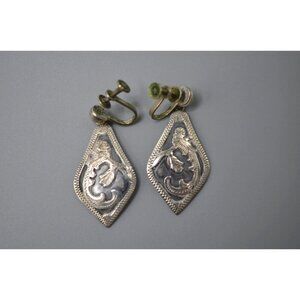 Alpaca Silver Earrings Bird Long Tail on Branch Guatemala Screw Back Vtg